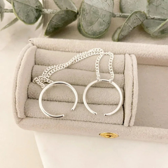 925 Sterling Silver Modern Double Chain Ring Dangle Chain Thin Stackable Ring - Picture 3 of 5